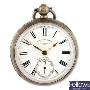 A silver open face pocket watch by J.N. Masters.