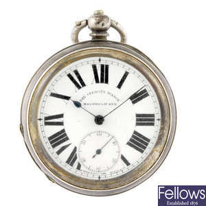 A continental white metal open face pocket watch by Masters Ltd.