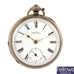 A silver open face pocket watch by American Watch Co.