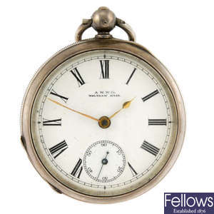 A silver open face pocket watch by Waltham with two silver open face pocket watches.