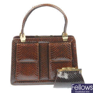A snake skin handbag and matching purse