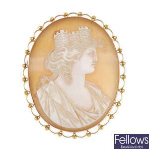 An early 20th century 9ct gold shell cameo brooch and a bi-colour brooch.
