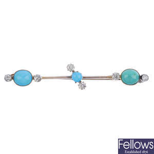 A turquoise and diamond bar brooch.