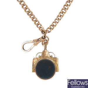 A late 19th century 9ct gold hardstone fob two-row bracelet. 