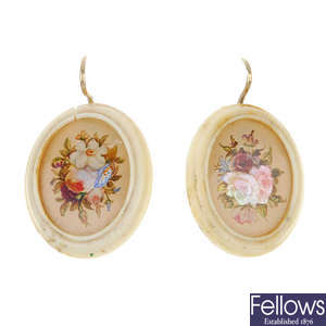 A pair of late 19th century ivory floral ear pendants. 