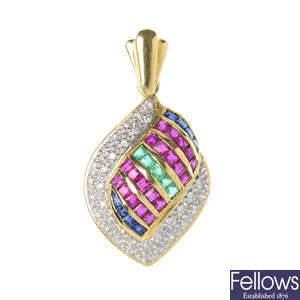 A sapphire, emerald, ruby and diamond pendant.