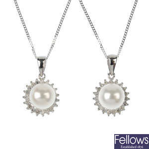 A selection of ten cultured pearl and diamond pendants.