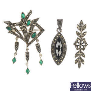 Sixteen items of marcasite jewellery, including three single earrings.