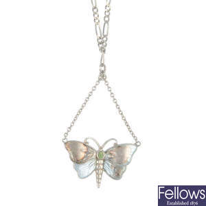Five items of enamel jewellery, to include a Charles Horner enamel butterfly pendant.