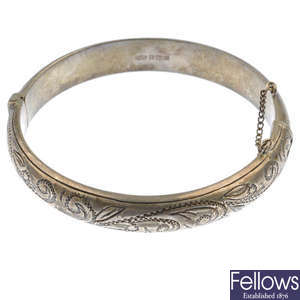 A selection of silver and white metal bangles. 