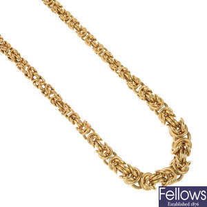 A 9ct gold woven-link necklace.