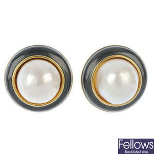 DE VROOMEN - a pair of 18ct gold South Sea mabe pearl and enamel earrings. 