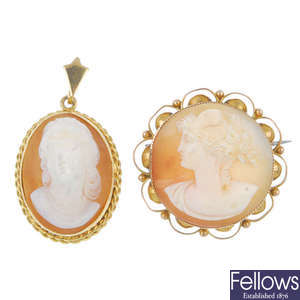 An early 20th century 9ct gold mounted shell cameo brooch and a pendant.