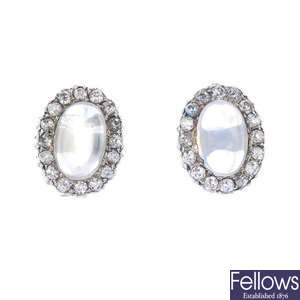 A pair of moonstone and diamond cluster ear studs.
