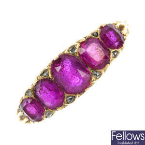 An early 20th century gold synthetic ruby and diamond five-stone ring.