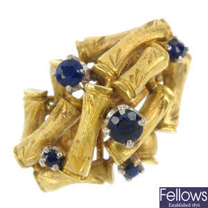 A mid 20th century 18ct gold sapphire dress ring.