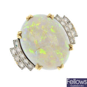 A mid 20th century gold opal and diamond dress ring.
