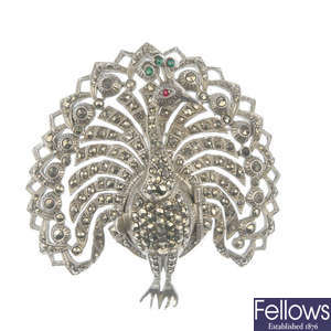 A marcasite peacock brooch watch.