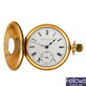 A gold plated full hunter pocket watch by Schierwater & Lloyd with an open face pocket watch.