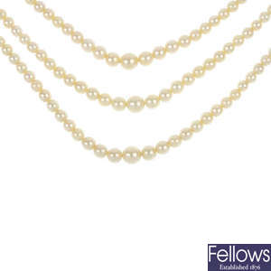 A cultured pearl three-row necklace, with diamond platinum and 9ct gold clasp.