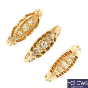 A selection of three early 20th century 18ct gold diamond five-stone rings.