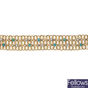 A mid 20th century 9ct gold turquoise and split pearl bracelet.