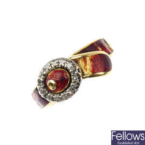 An 18ct gold diamond and enamel buckle ring.