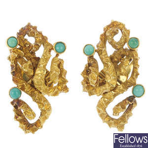 A pair of mid 20th century turquoise ear clips.