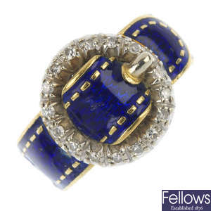 A diamond and enamel buckle ring. 
