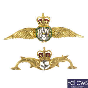 Two 9ct gold and enamel Regimental pins.