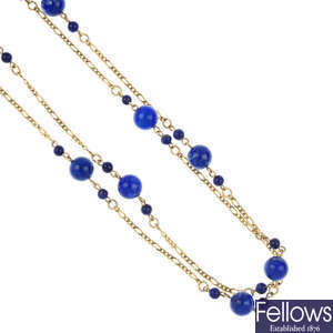 A 9ct gold lapis lazuli bead necklace.