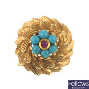 A mid 20th century ruby and turquoise floral dress ring.