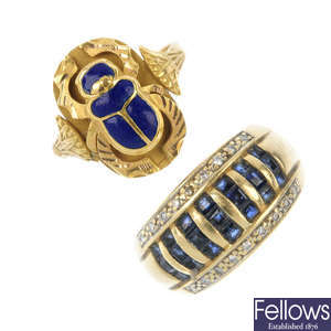 A scarab ring and a sapphire and diamond band ring.