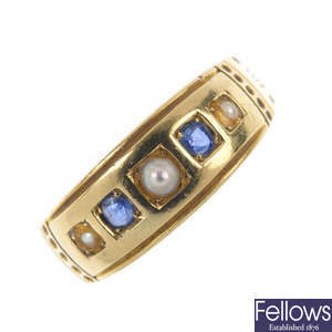 A late Victorian 18ct gold sapphire and split pearl ring.