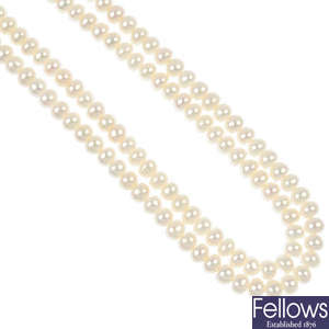 Four two row cultured pearl necklace.