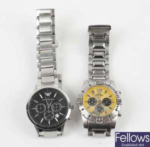 A bag of various designer watches to include examples by Emporio Armani and Fossil. 