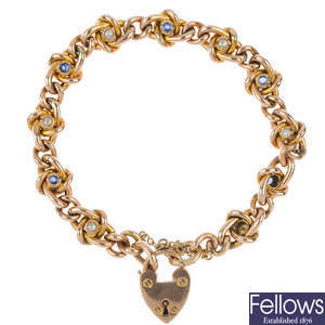 An Edwardian 9ct gold sapphire and split pearl bracelet.