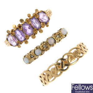 A selection of five gold dress rings.