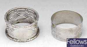 Two Edwardian silver napkin rings, a thimble, pill box & pair of scissors.