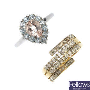 A selection of four 9ct gold diamond and gem-set rings.
