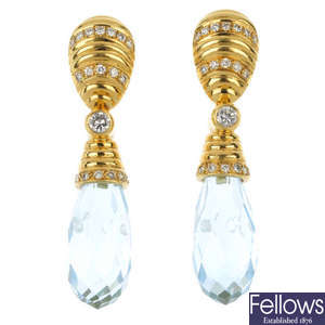 A pair of aquamarine and diamond ear pendants. 