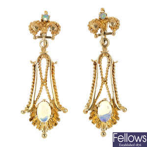 A pair of opal ear pendants and a gem-set cluster pendant. 