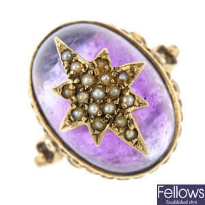 A 9ct gold amethyst and split pearl ring.