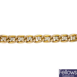 A late 19th century 15ct gold split pearl bracelet.
