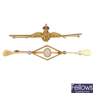 An early 20th century 15ct gold opal brooch with a later RAF brooch.