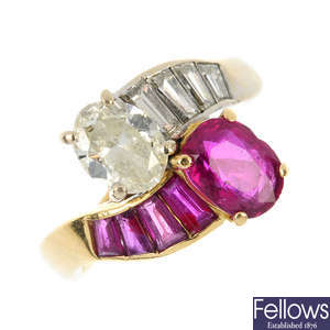 An 18ct gold diamond and ruby crossover ring.