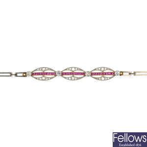 An early 20th century silver and 18ct gold synthetic ruby and diamond bracelet.