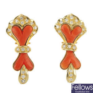 A pair of 18ct gold coral and diamond ear pendants.