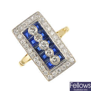 An 18ct gold diamond and sapphire panel ring.