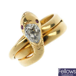 An early Victorian 18ct gold diamond snake ring.